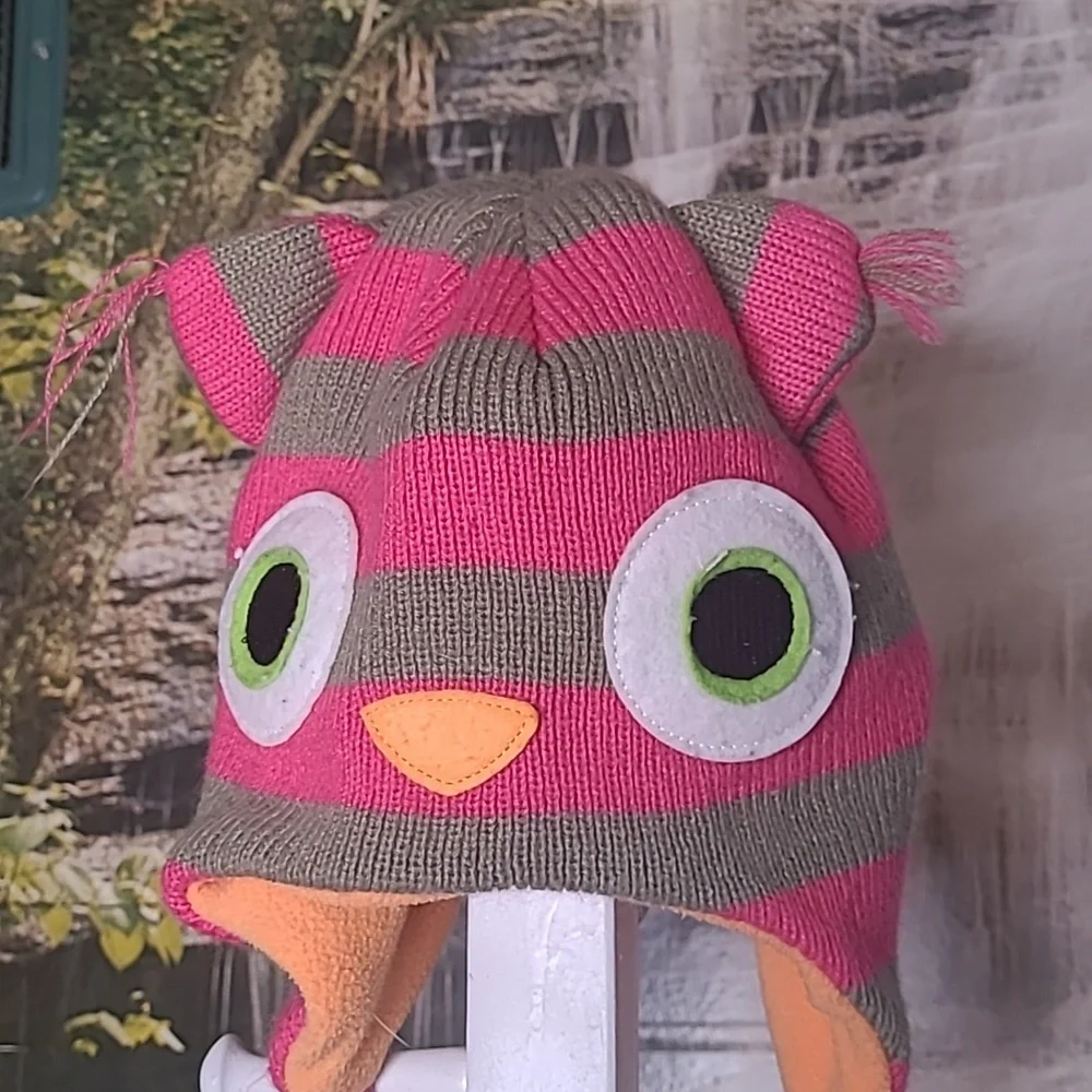 Kids Girls Owl animal winter knit hat with pom pom tassels pink gray